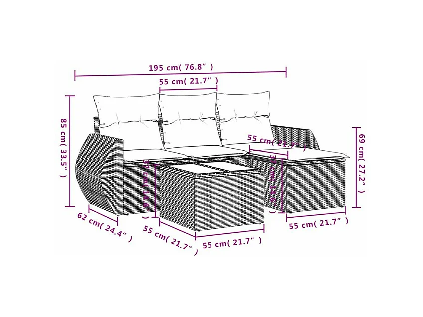 Salon de jardin avec coussins 5 pcs marron résine tressée