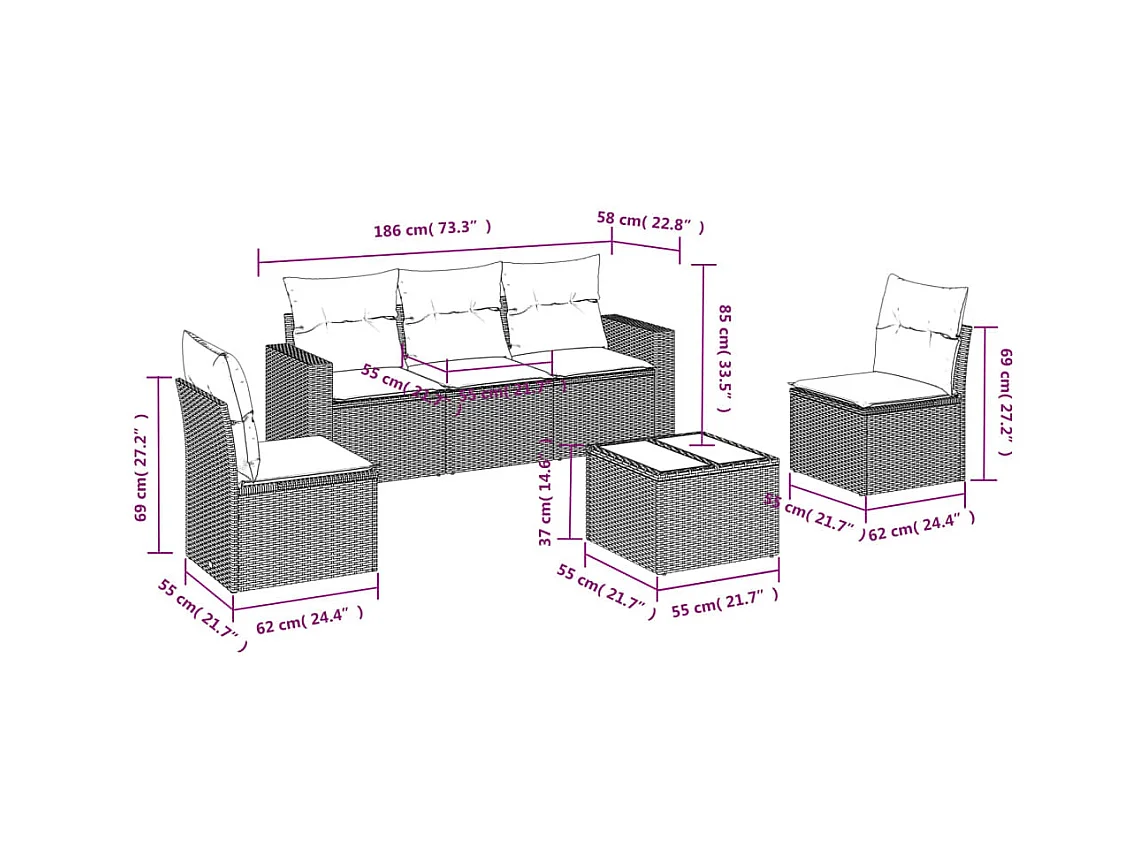 Salon de jardin avec coussins 6 pcs beige résine tressée