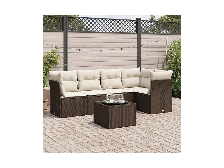 Salon de jardin avec coussins 6 pcs marron résine tressée