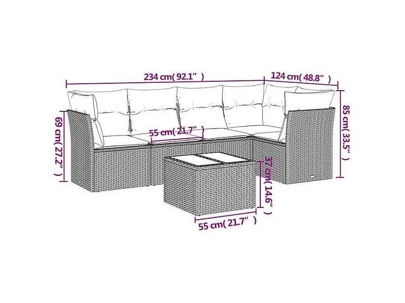 Salon de jardin avec coussins 6 pcs marron résine tressée