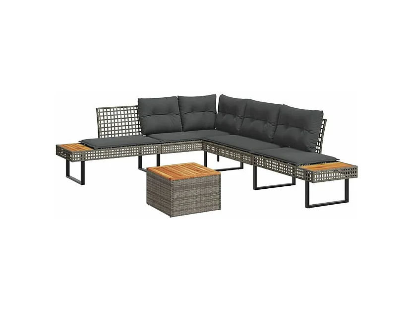 Salon de jardin avec coussins 5 pcs gris résine tressée acacia