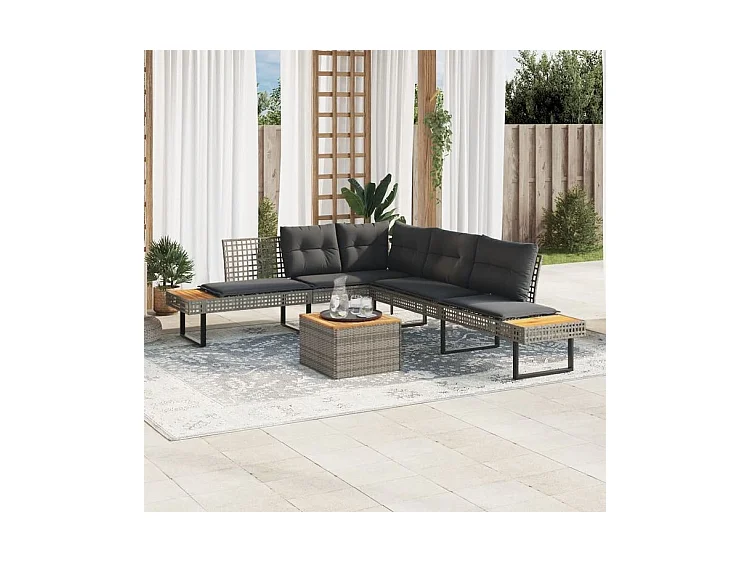 Salon de jardin avec coussins 5 pcs gris résine tressée acacia