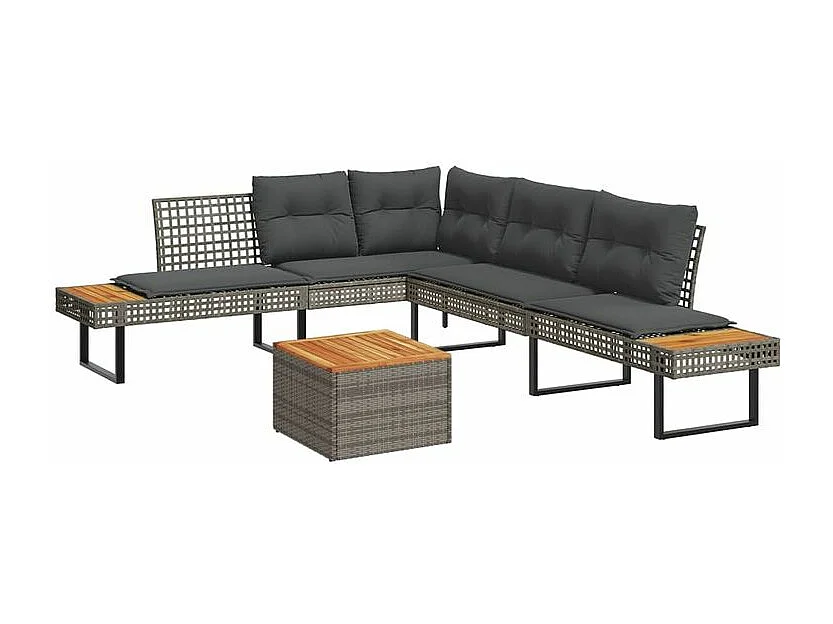 Salon de jardin avec coussins 5 pcs gris résine tressée acacia