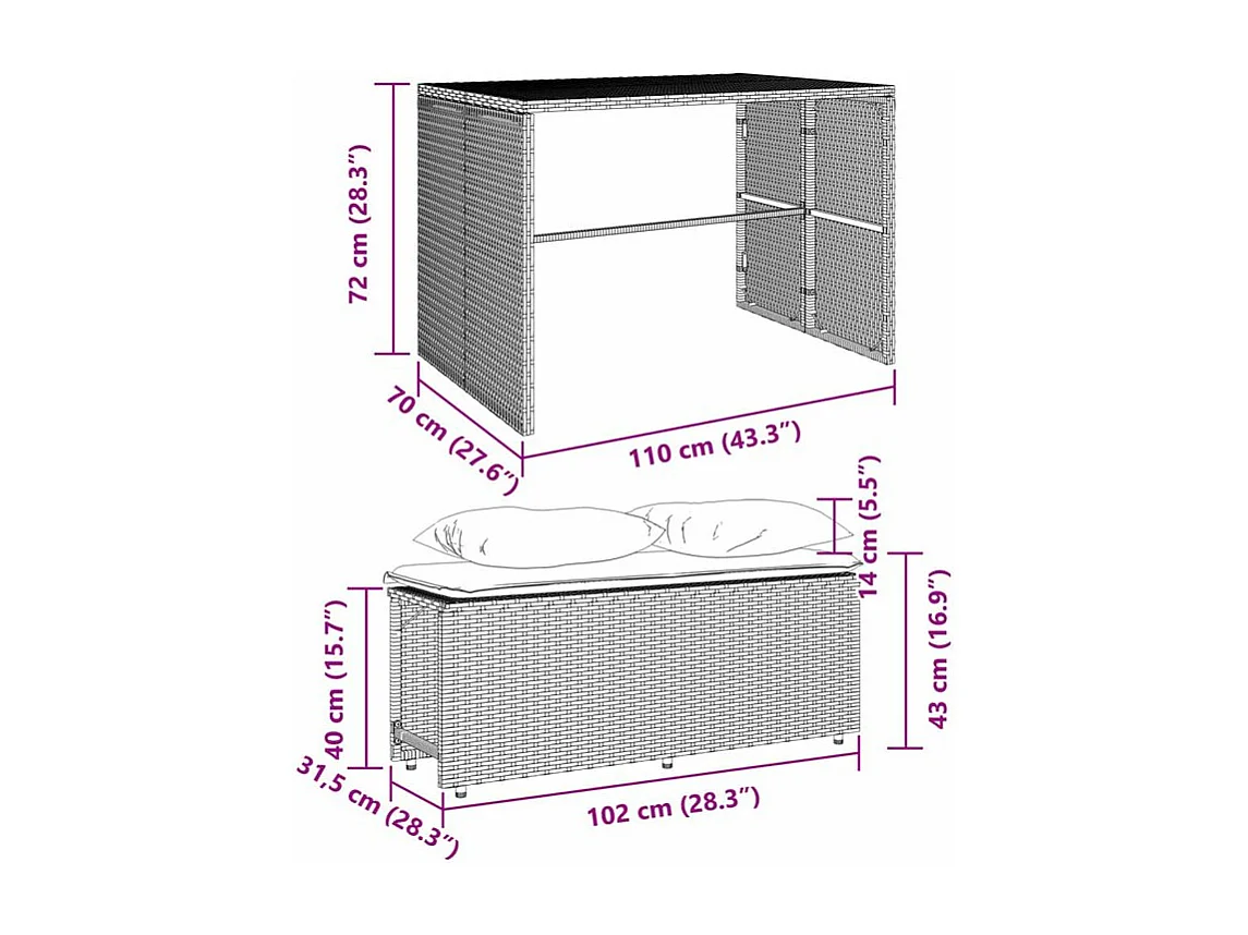 Ensemble à manger de jardin 3 pcs coussins gris résine tressée