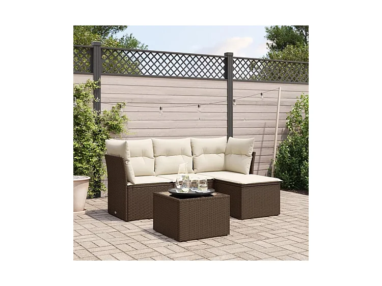 Salon de jardin avec coussins 5 pcs marron résine tressée