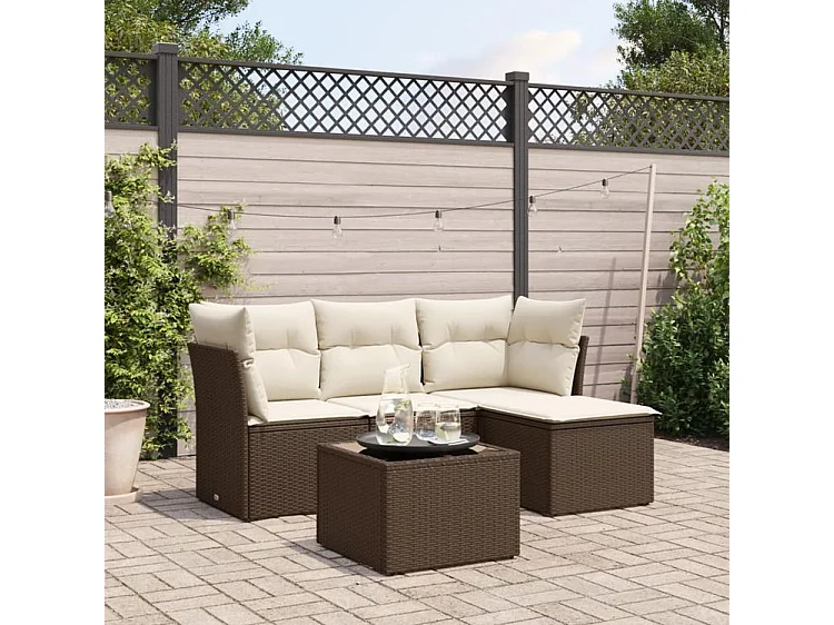 Salon de jardin avec coussins 5 pcs marron résine tressée