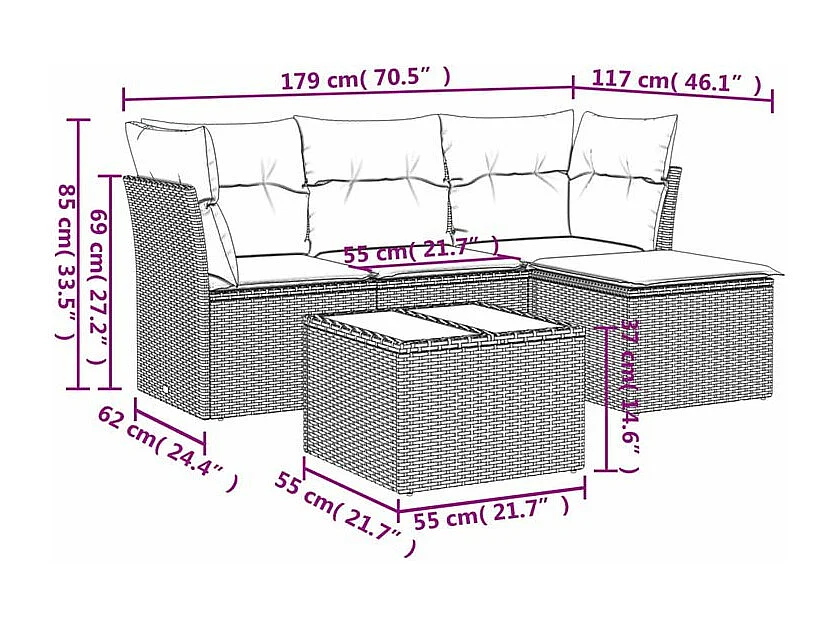 Salon de jardin avec coussins 5 pcs marron résine tressée