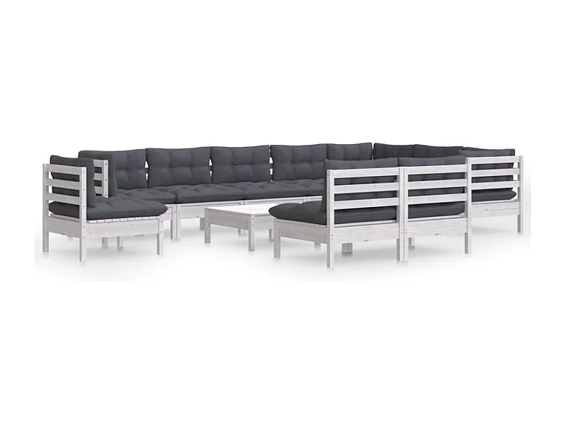 Salon de jardin 11 pcs avec coussins blanc bois de pin solide
