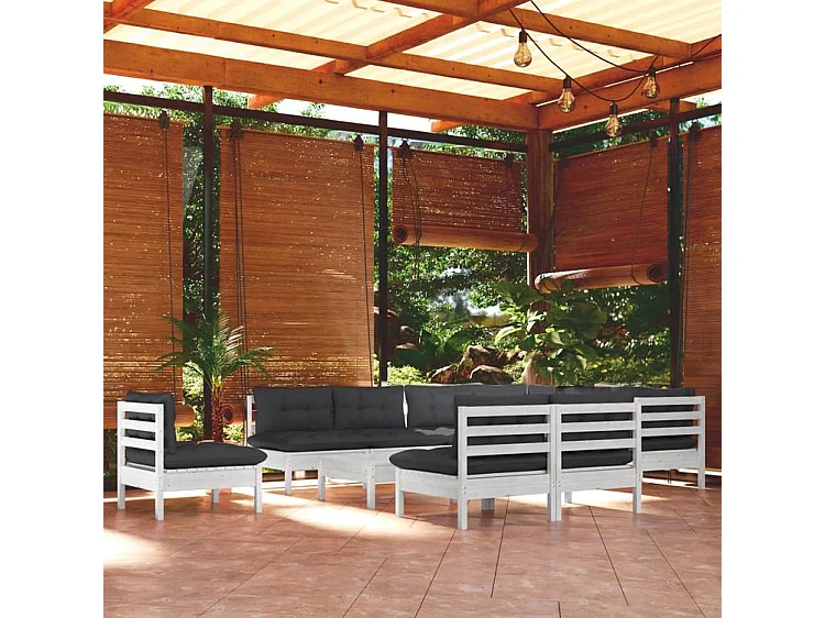 Salon de jardin 11 pcs avec coussins blanc bois de pin solide