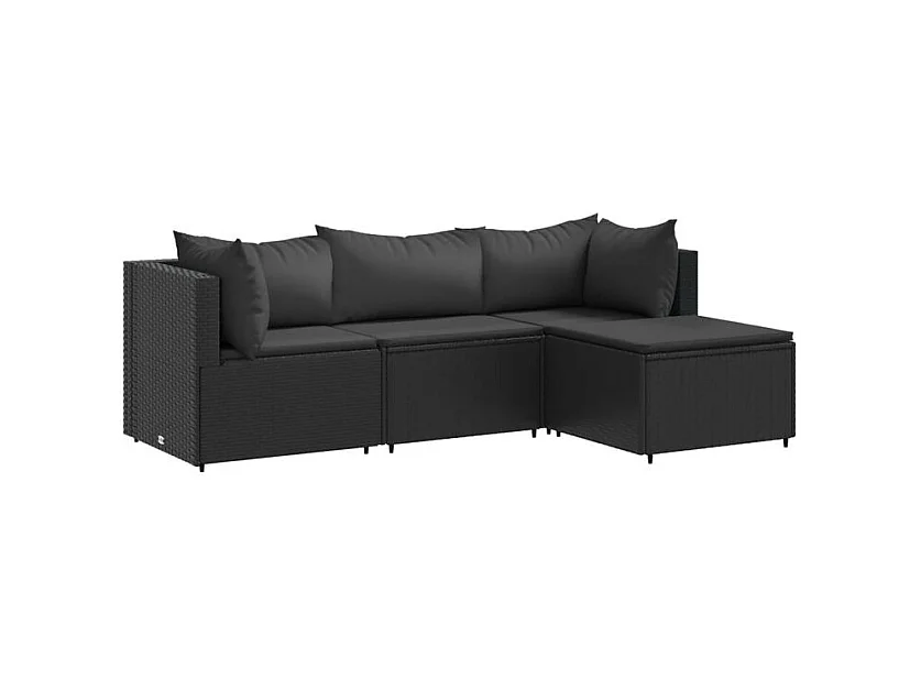 Salon de jardin 4 pcs avec coussins Noir Résine tressée