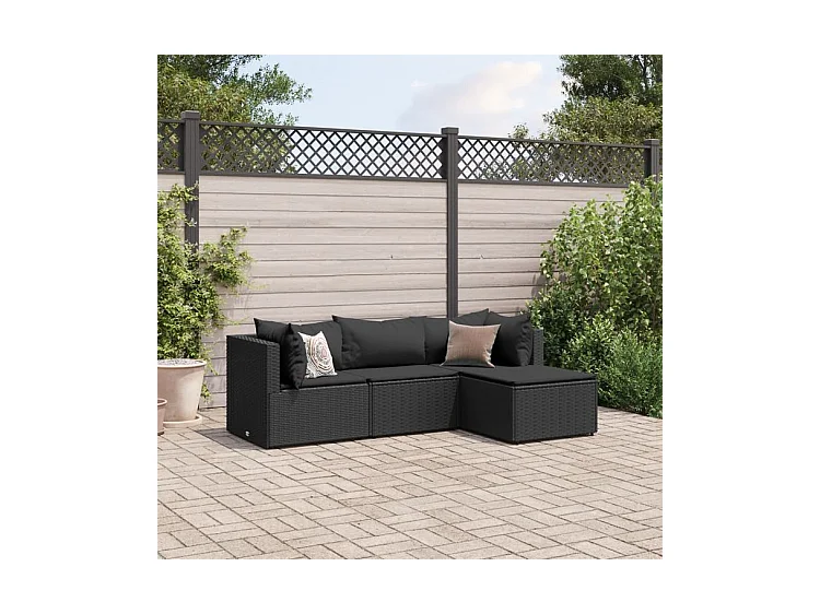 Salon de jardin 4 pcs avec coussins Noir Résine tressée