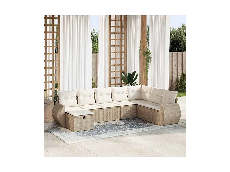 Salon de jardin avec coussins 8 pcs beige résine tressée