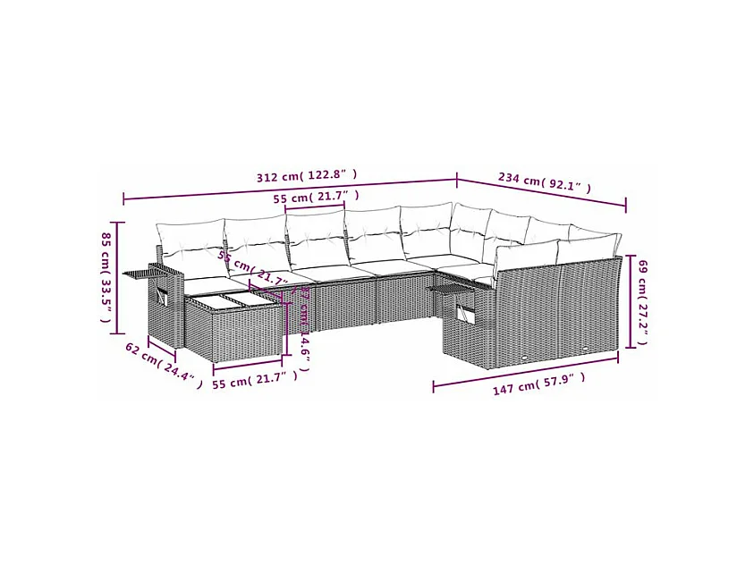Salon de jardin 10 pcs avec coussins marron résine tressée