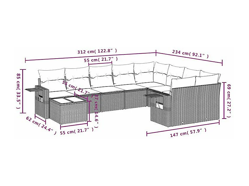 Salon de jardin 10 pcs avec coussins marron résine tressée