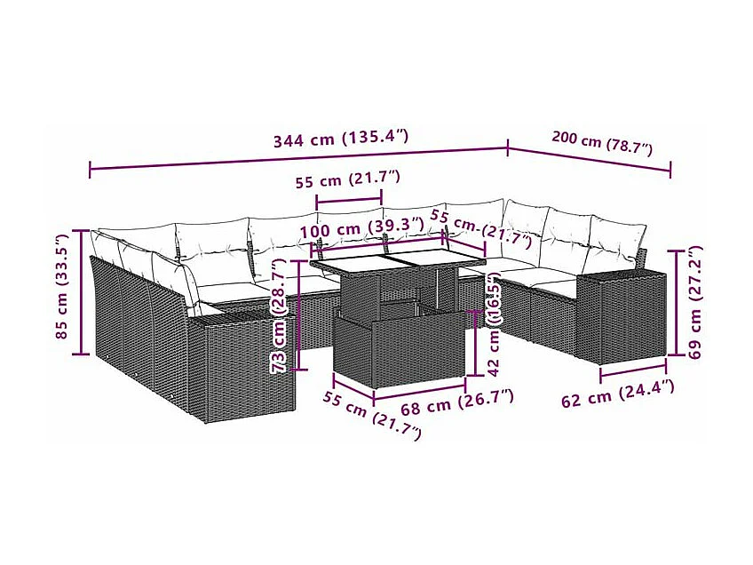 Salon de jardin 11 pcs avec coussins beige résine tressée