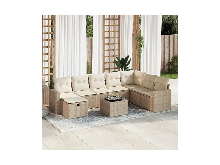 Salon de jardin avec coussins 9 pcs beige résine tressée