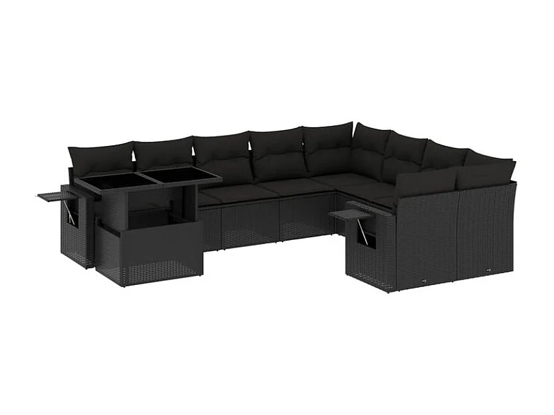 Salon de jardin 10 pcs avec coussins noir résine tressée