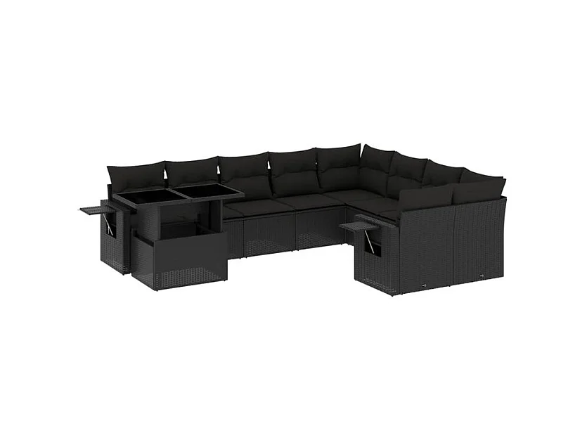 Salon de jardin 10 pcs avec coussins noir résine tressée