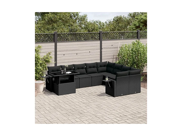 Salon de jardin 10 pcs avec coussins noir résine tressée