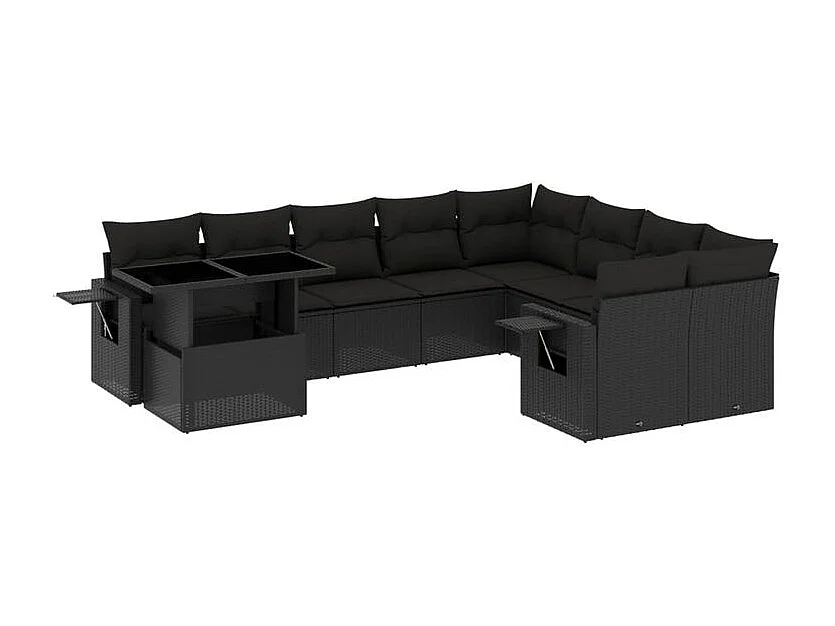 Salon de jardin 10 pcs avec coussins noir résine tressée
