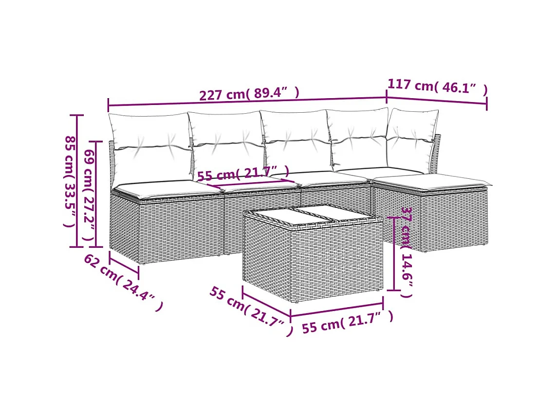 Salon de jardin avec coussins 6 pcs beige résine tressée