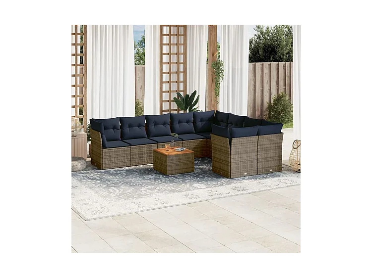Salon de jardin 10 pcs avec coussins gris résine tressée