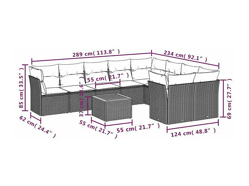 Salon de jardin 10 pcs avec coussins gris résine tressée