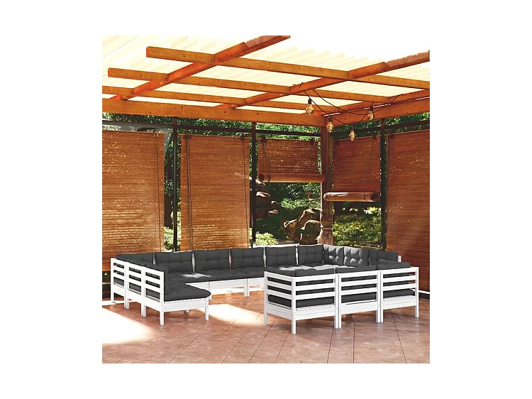Salon de jardin 13 pcs avec coussins blanc bois de pin