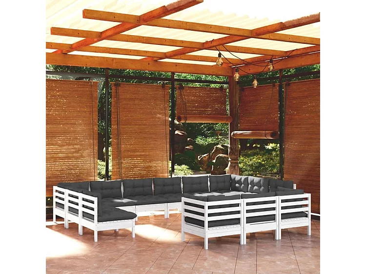 Salon de jardin 13 pcs avec coussins blanc bois de pin
