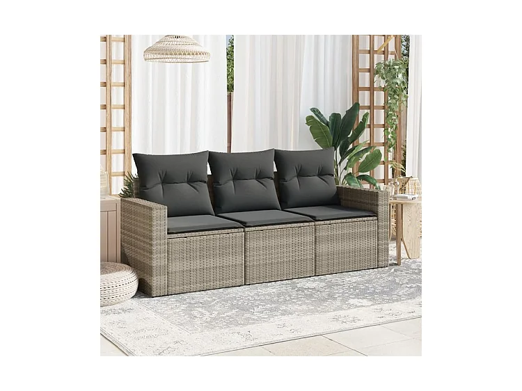 Salon de jardin avec coussins 3 pcs gris clair résine tressée