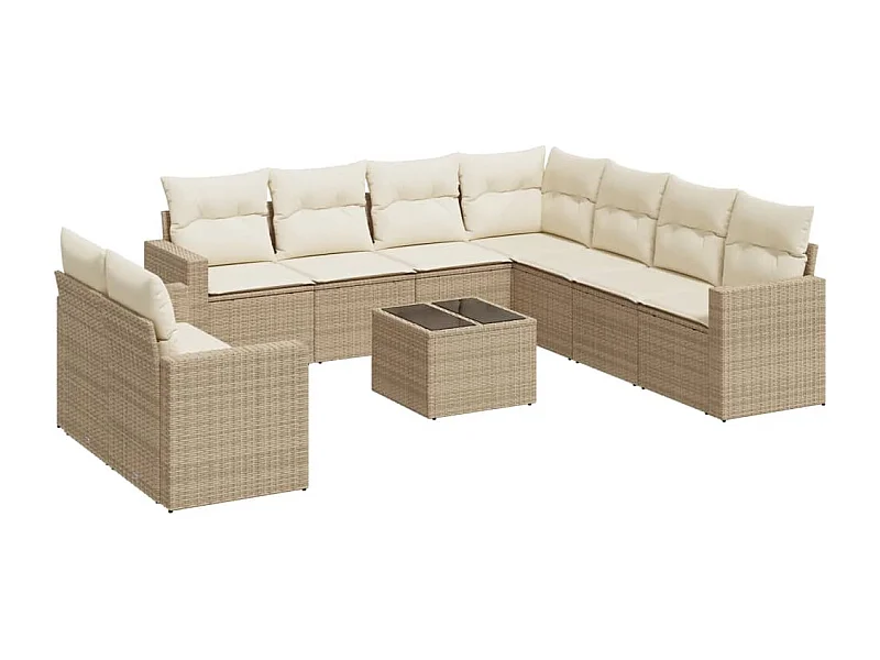 Salon de jardin avec coussins 10 pcs beige résine tressée