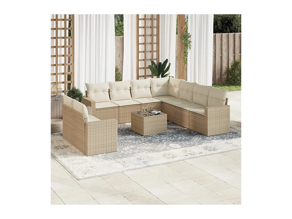 Salon de jardin avec coussins 10 pcs beige résine tressée