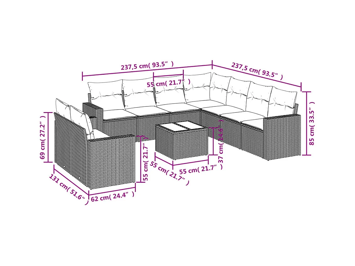 Salon de jardin avec coussins 10 pcs beige résine tressée