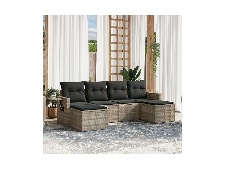 Salon de jardin 6 pcs avec coussins gris clair résine tressée