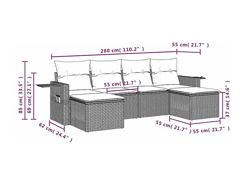 Salon de jardin 6 pcs avec coussins gris clair résine tressée