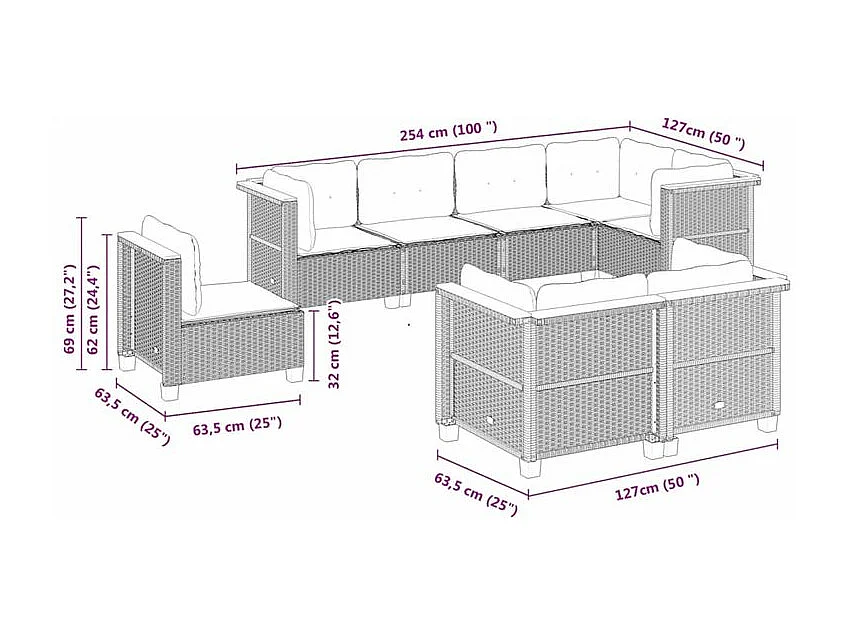 Salon de jardin 8 pcs avec coussins noir résine tressée