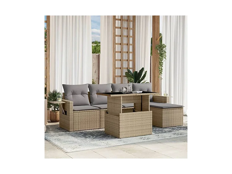 Salon de jardin avec coussins 6 pcs beige résine tressée