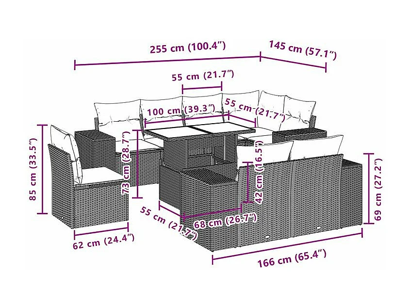 Salon de jardin 9 pcs avec coussins noir résine tressée