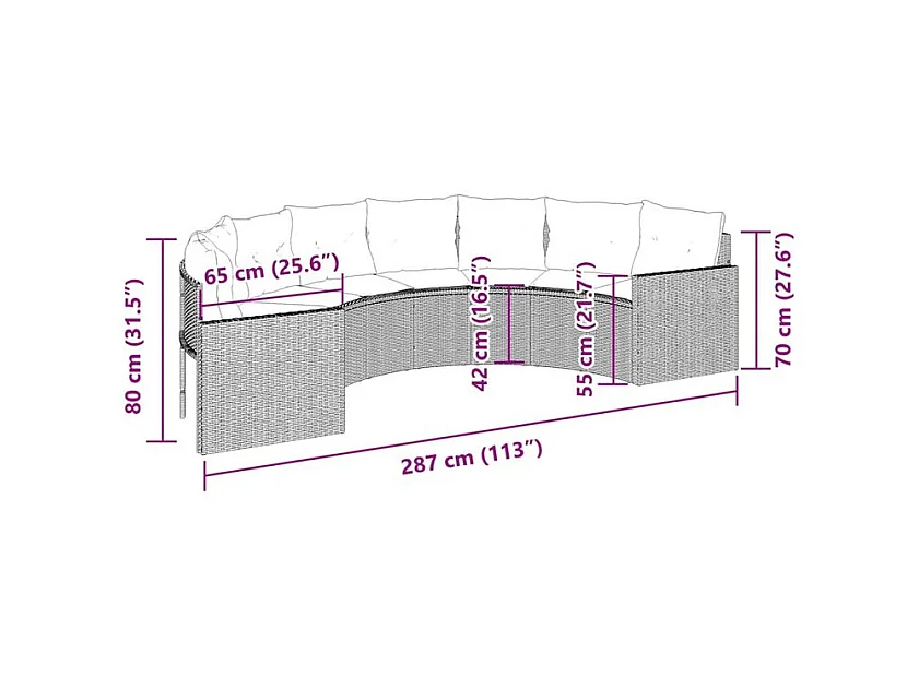 Canapé de jardin avec coussins demi-rond gris résine tressée