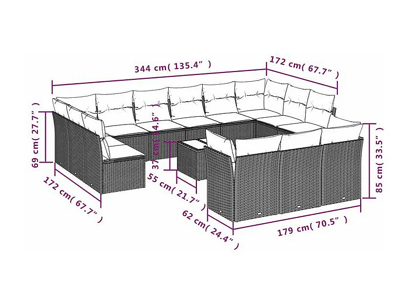 Salon de jardin avec coussins 14 pcs marron résine tressée