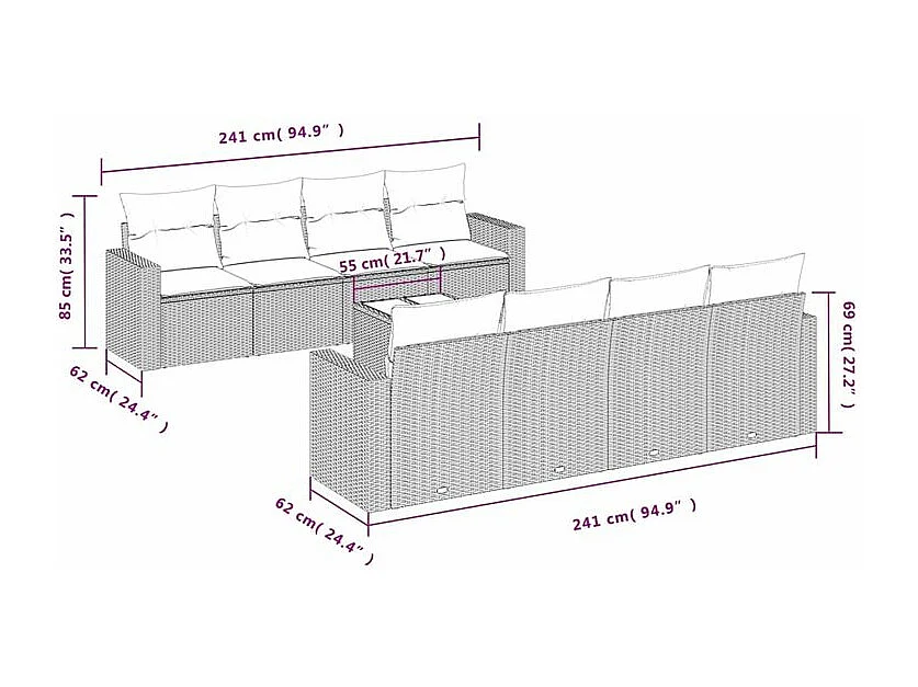 Salon de jardin avec coussins 9 pcs marron résine tressée
