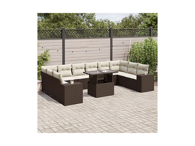 Salon de jardin et coussins 11 pcs marron résine tressée