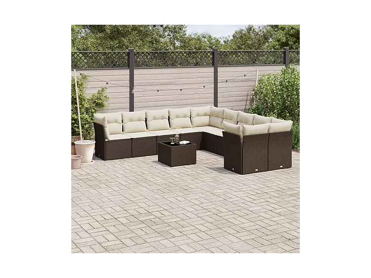 Salon de jardin et coussins 11 pcs marron résine tressée