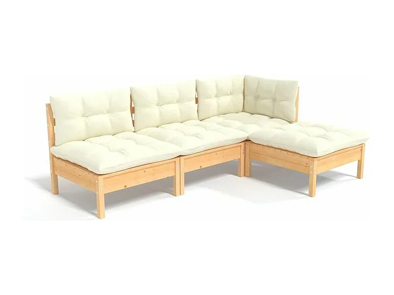 Salon de jardin 4 pcs avec coussins crème Bois de pin