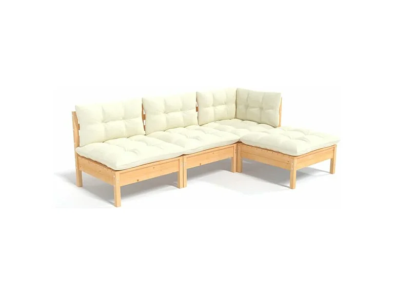 Salon de jardin 4 pcs avec coussins crème Bois de pin