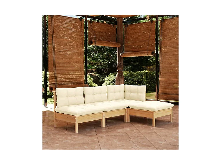 Salon de jardin 4 pcs avec coussins crème Bois de pin