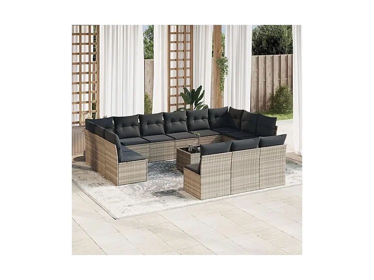 Salon de jardin avec coussins 14 pcs gris clair résine tressée