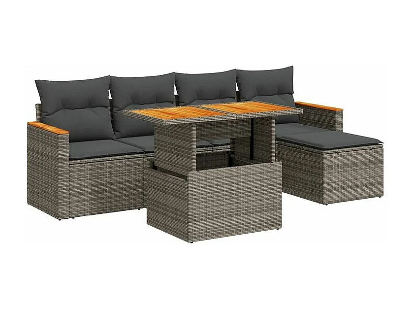 Salon de jardin avec coussins 6 pcs gris résine tressée acacia