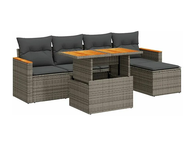 Salon de jardin avec coussins 6 pcs gris résine tressée acacia