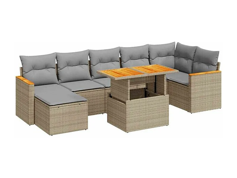 Salon de jardin avec coussins 8 pcs beige résine tressée acacia